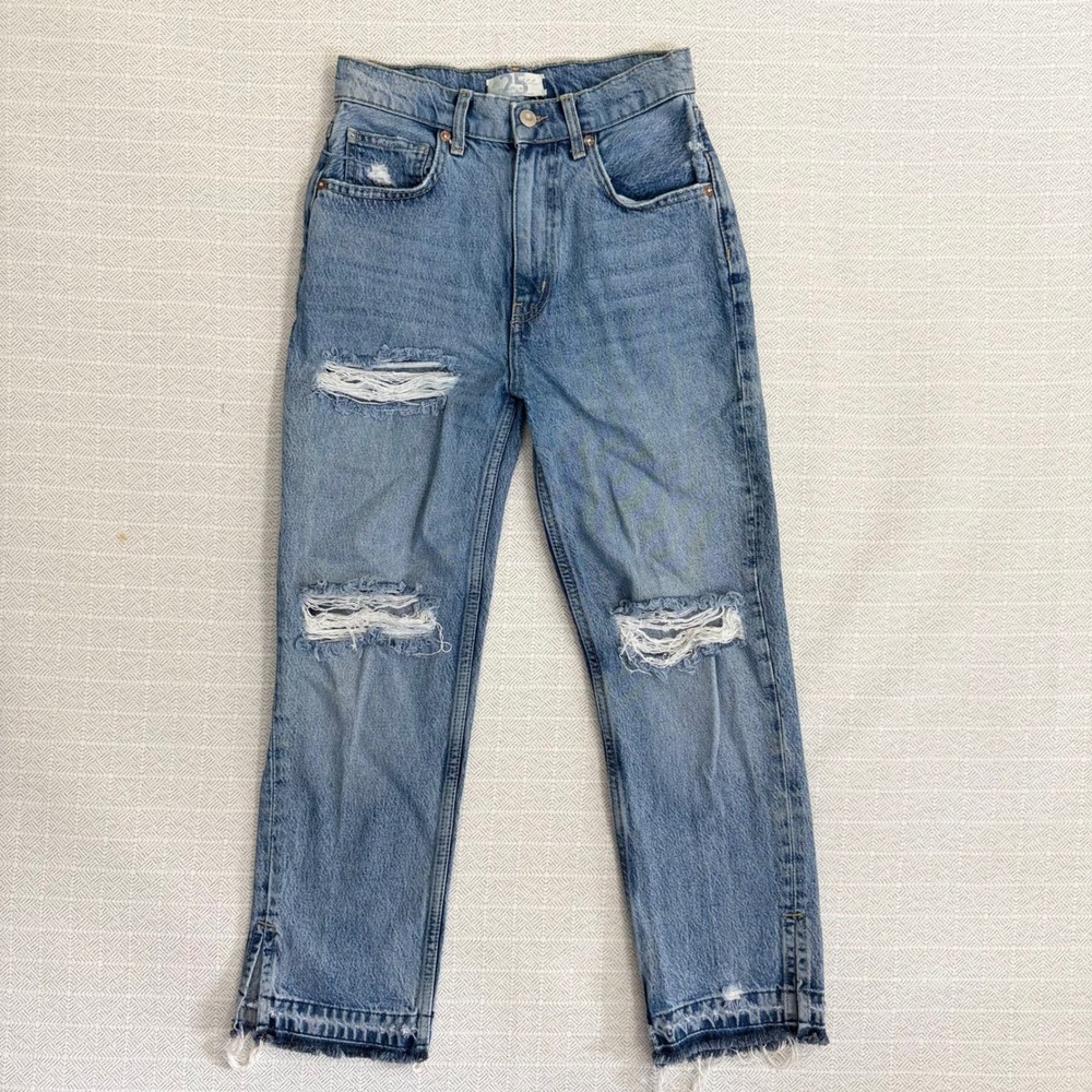 Free People We The Free Tapered Baggy Distressed Jeans Light Wash Blue 25